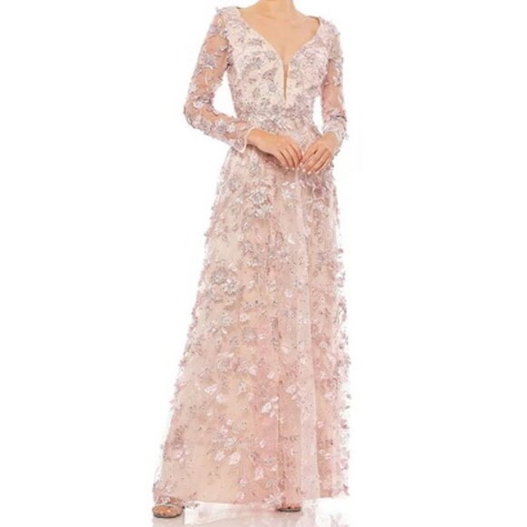 Mac Duggal Dresses & Skirts - Mac Duggal Nude Rose Pink Floral Appliqué Long Sleeve Lace A-Line Gown